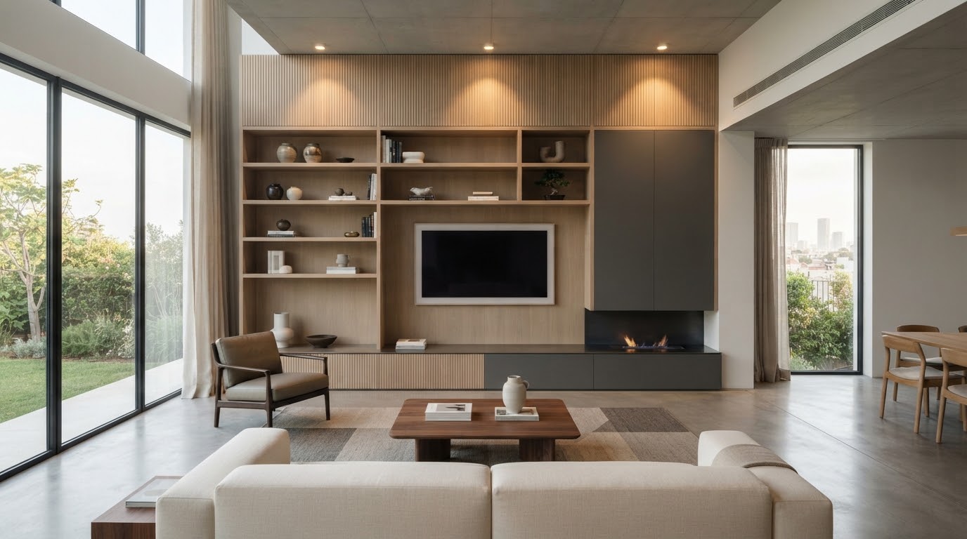 Sala residencial en Guadalajara con librero y mueble de TV modular a la medida en melamina roble natural y grafito mate